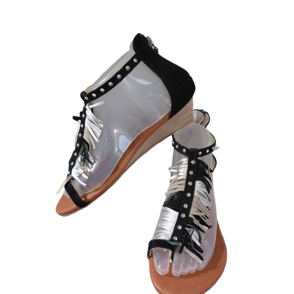Matt Bernson Black and Silver Fringe Leather Sandals Suze 8.5